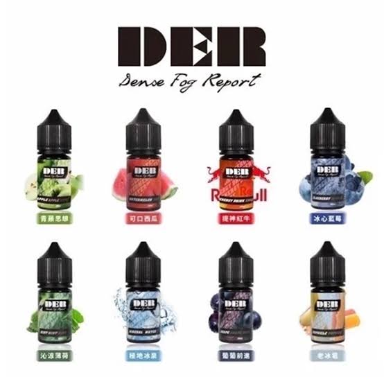 DER系列電子煙油30ml多口味組合展示，包含多種水果與特色風味，專為POD主機提供細膩口感與極致香氣體驗。